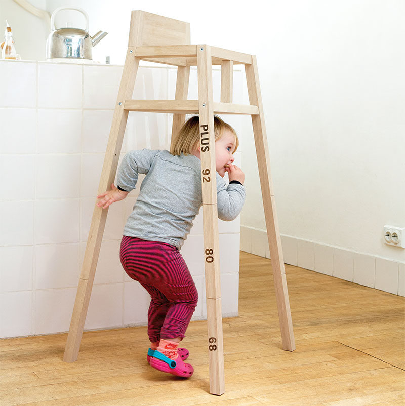14 Modern High Chairs For Children // This high chair is designed to shrink as the child grows - the notches on the legs act as indications of where to cut the legs as your child gets older, letting their chair stick with them even when they've outgrown the high chair age.