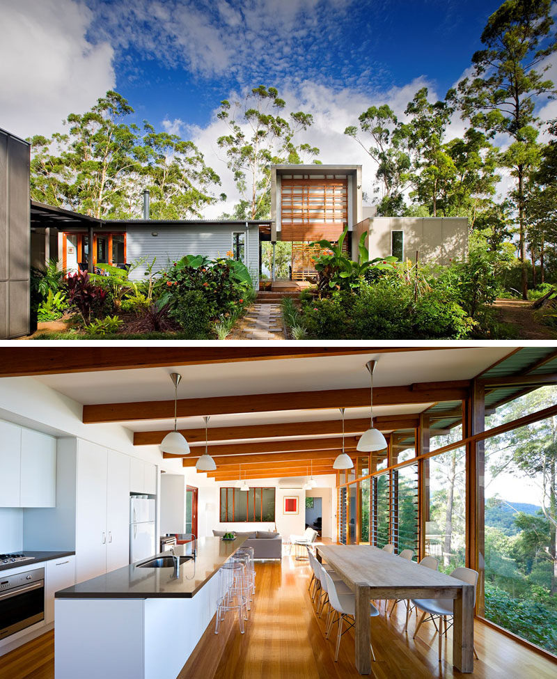 Celebrate Australia Day With These 14 Contemporary Australian Houses | Surrounded by lush greenery, this Queensland home makes the most of the landscape by having the back of the house covered in large windows that overlook the bush.