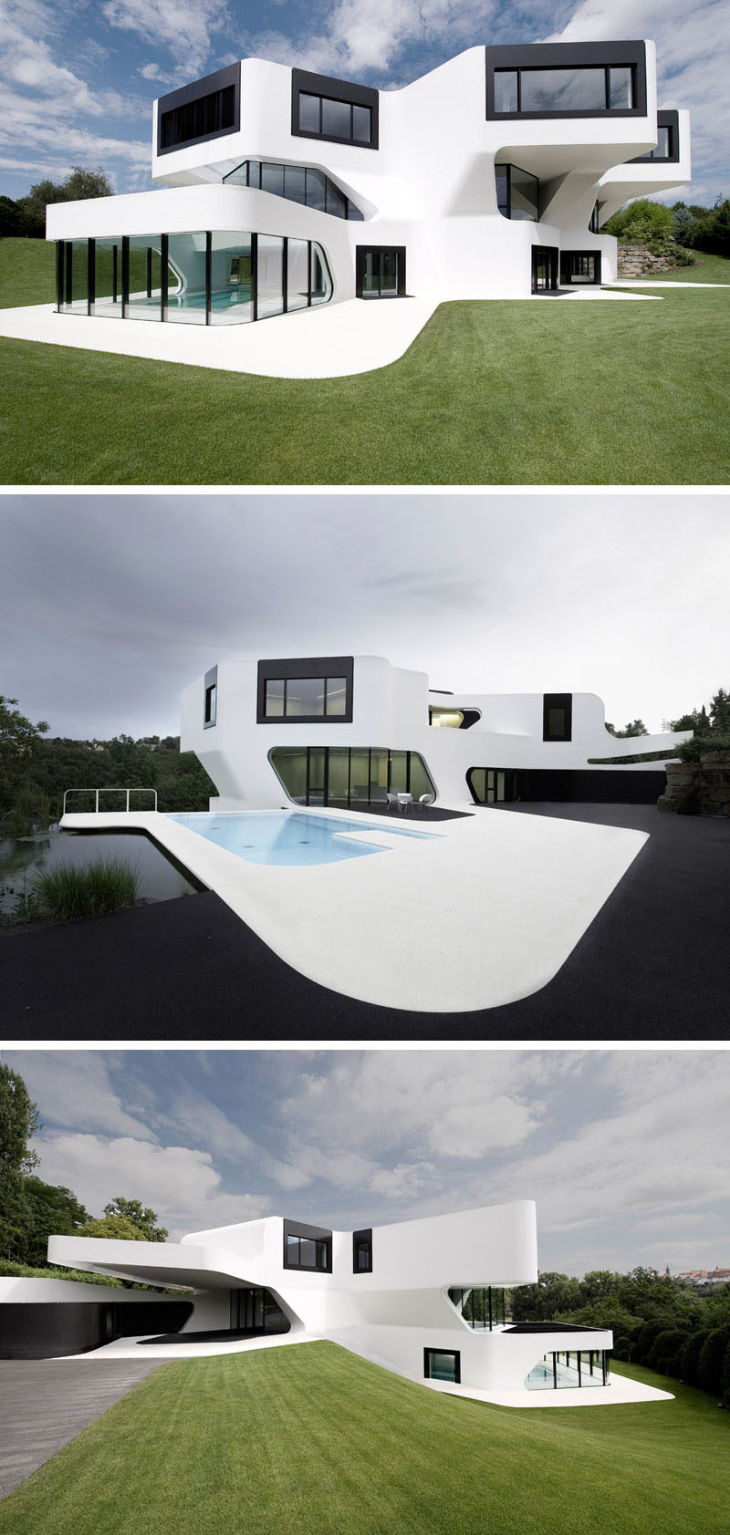 House Exterior Colors - 11 Modern White Houses From Around The World // The curved lines and pops of black against this large white house give it a clean, futuristic look.