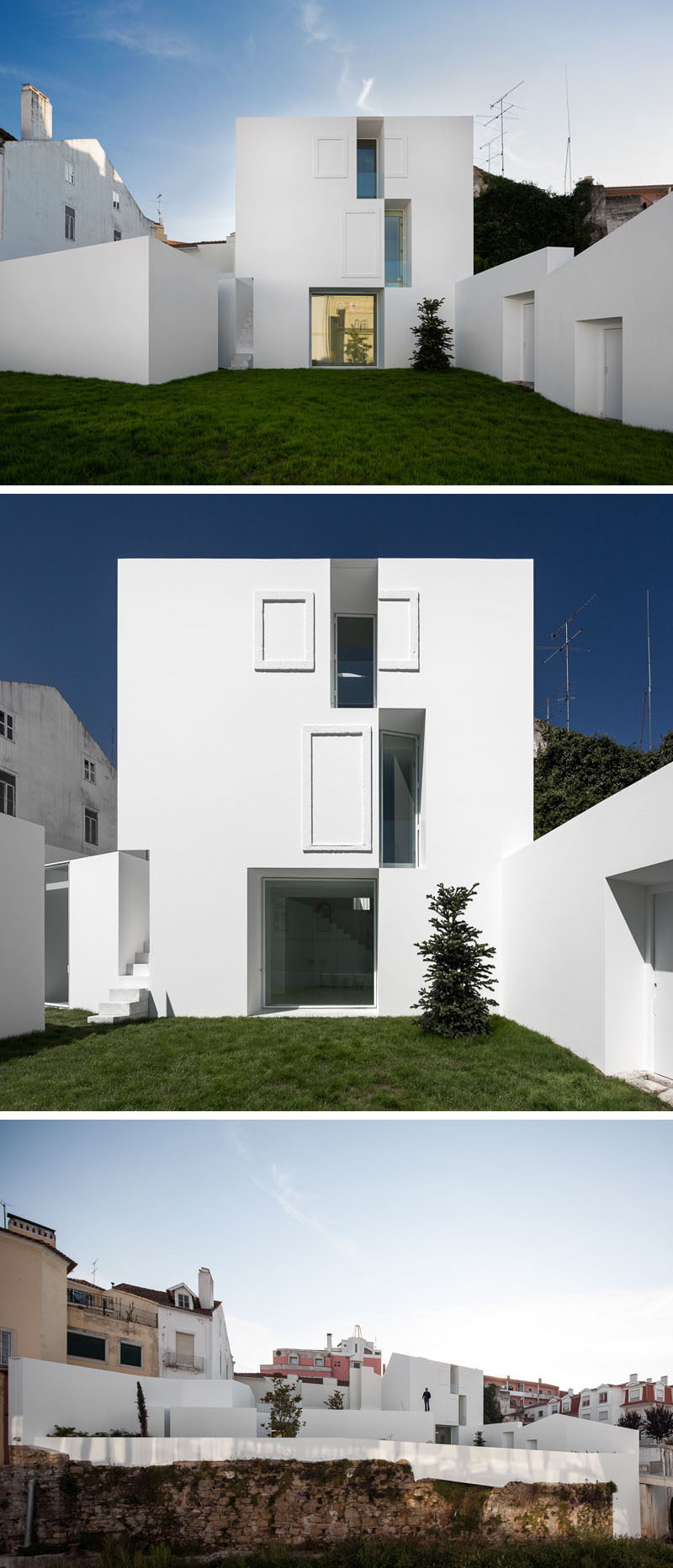 House Exterior Colors - 11 Modern White Houses From Around The World // The bright white exterior of this angular home gives it a clean look and sets it apart from the other houses around it.