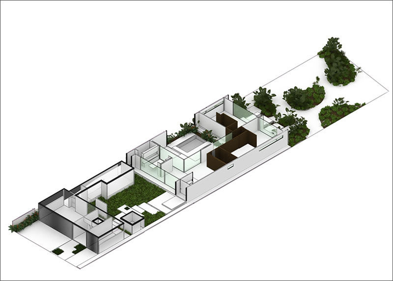 This diagram shows the layout of a single level, 2 bedroom modern home in Mexico.