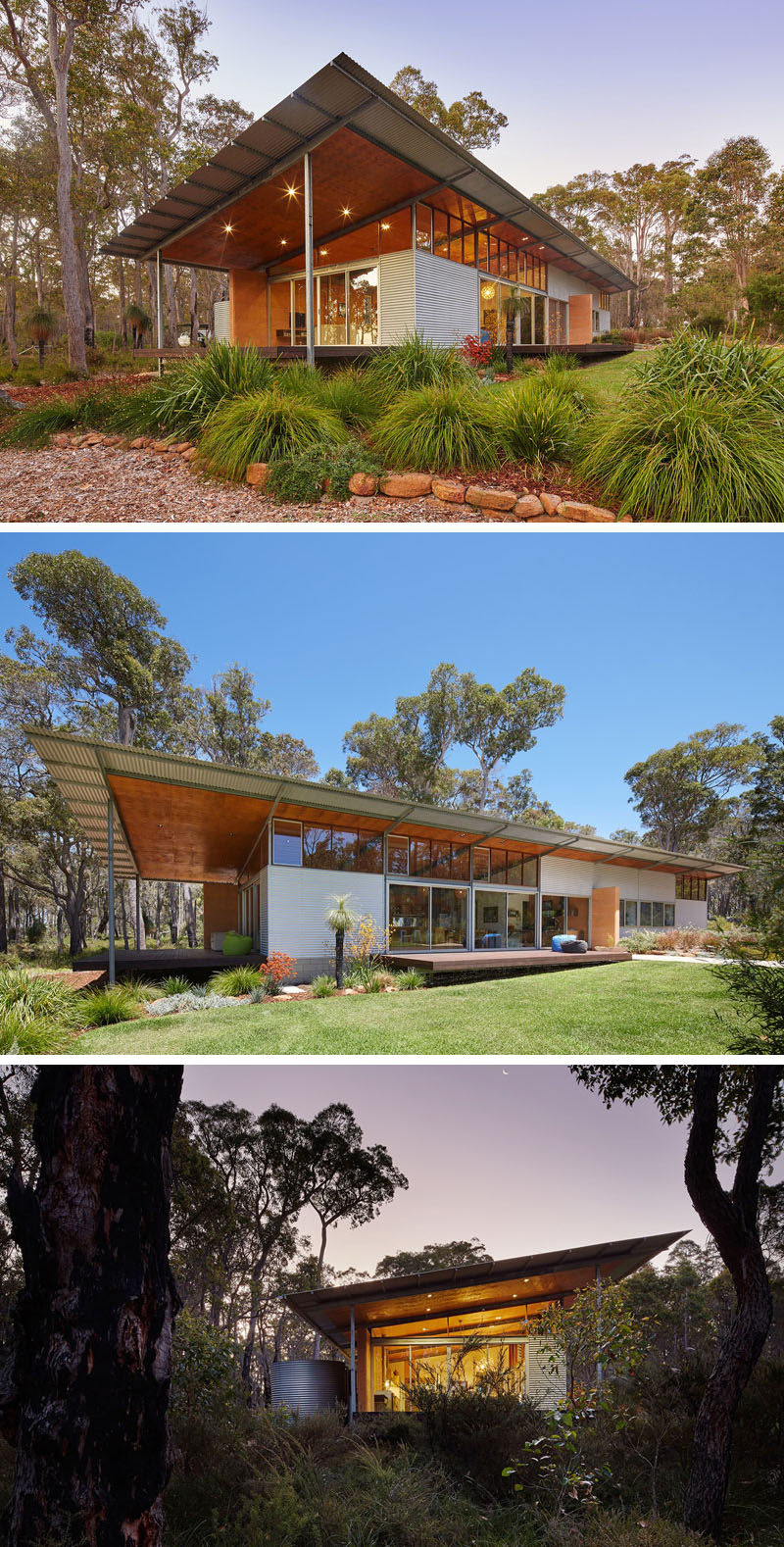 16 Examples Of Modern Houses With A Sloped Roof | This sloped roof on this modern house helps collect rain water and shields the interior of the home from the harsh Australian heat.