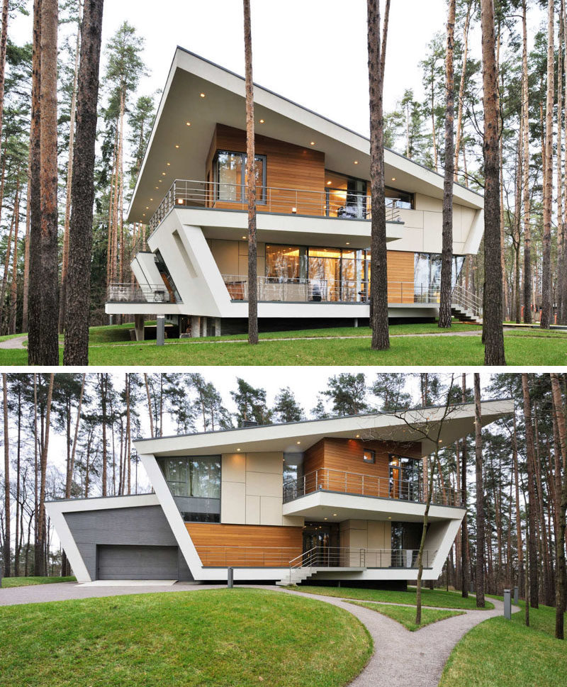 16 Examples Of Modern Houses With A Sloped Roof | Sloped roofs on this modern house match the rest of the lines used on the exterior to create a futuristic looking home.