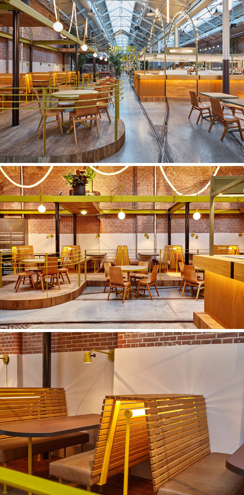 In this renovated tram depot that's now a restaurant, custom made furniture throughout resembles the vintage design of the old electric tram seats.