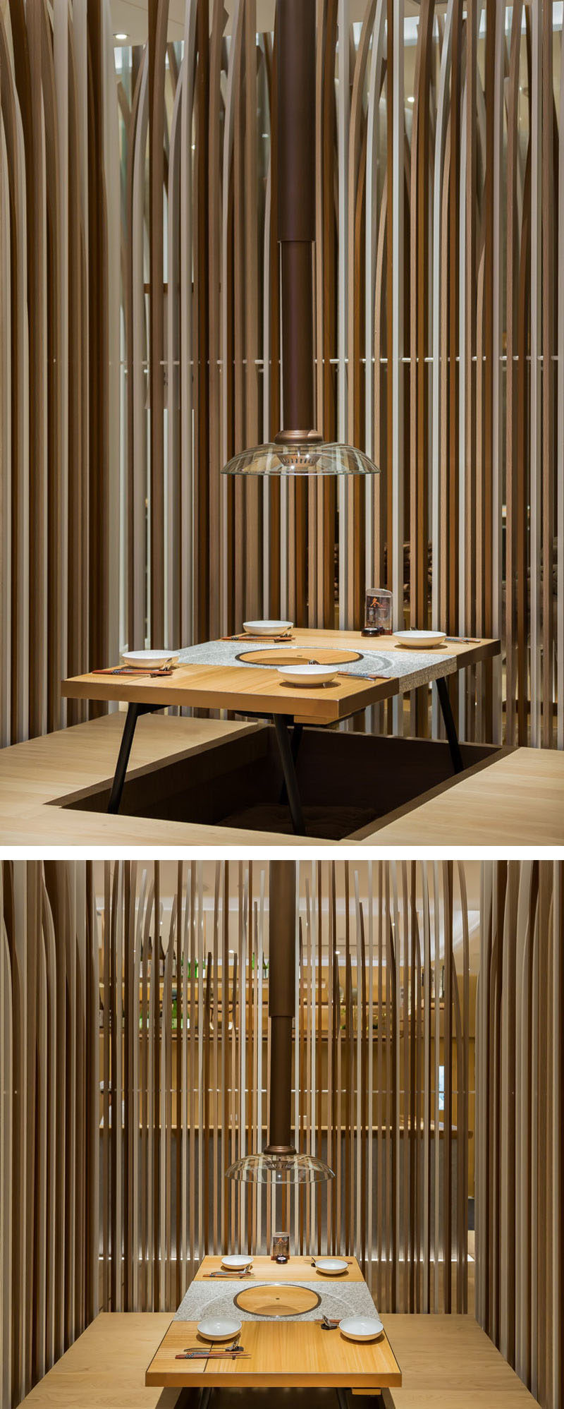 Restaurant Interior Design Ideas - In this hotpot restaurant, some of the tables allow you to sit slightly raised up from the floor with your legs tucked in underneath the tatami style table.