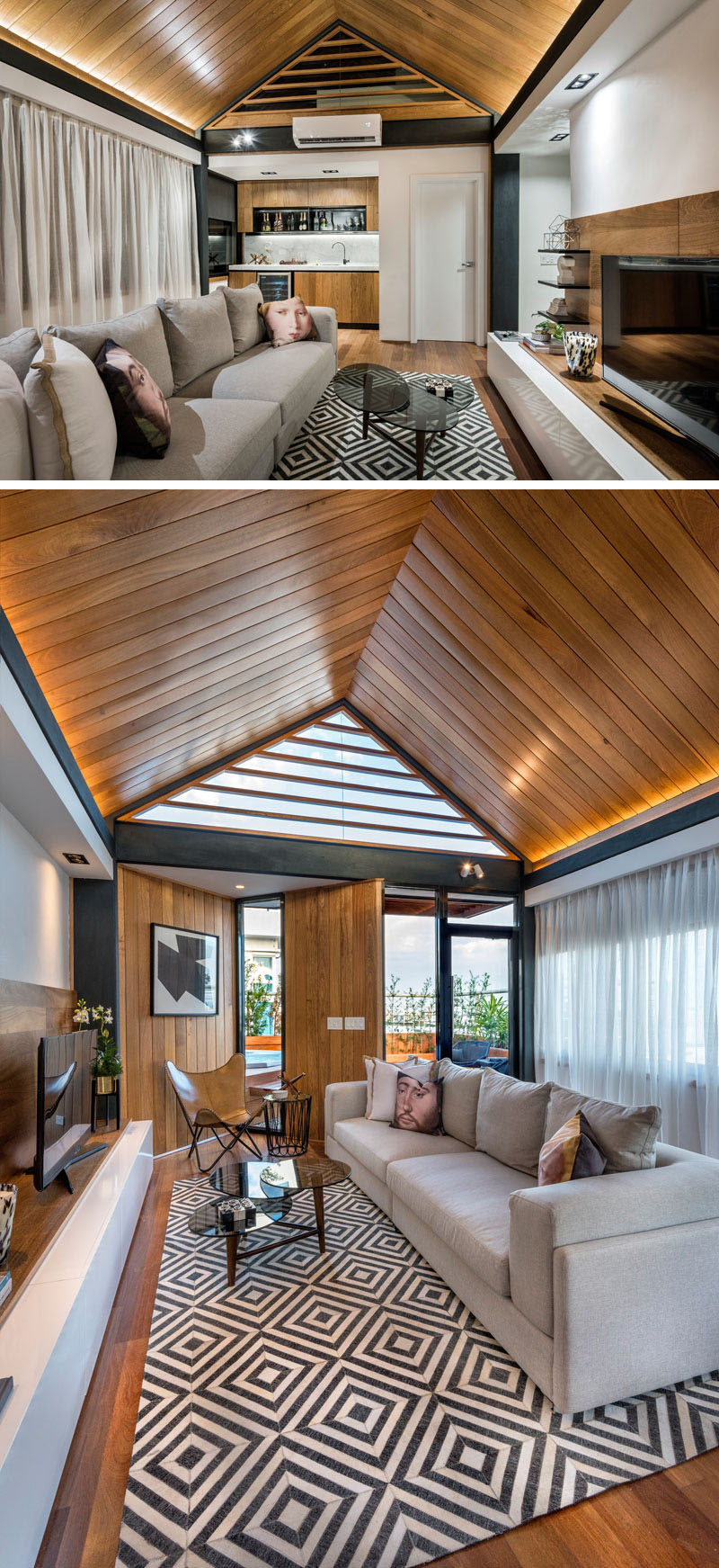 This rooftop terrace is home to a gabled wooden ceiling with hidden lighting. There's also a small kitchen/bar area and a large couch makes for a comfortable spot to watch movies.