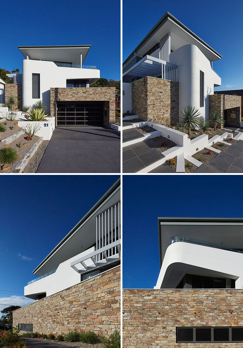 White washed facades and stone have been combined with low-maintenance landscaping to create a contemporary looking house.