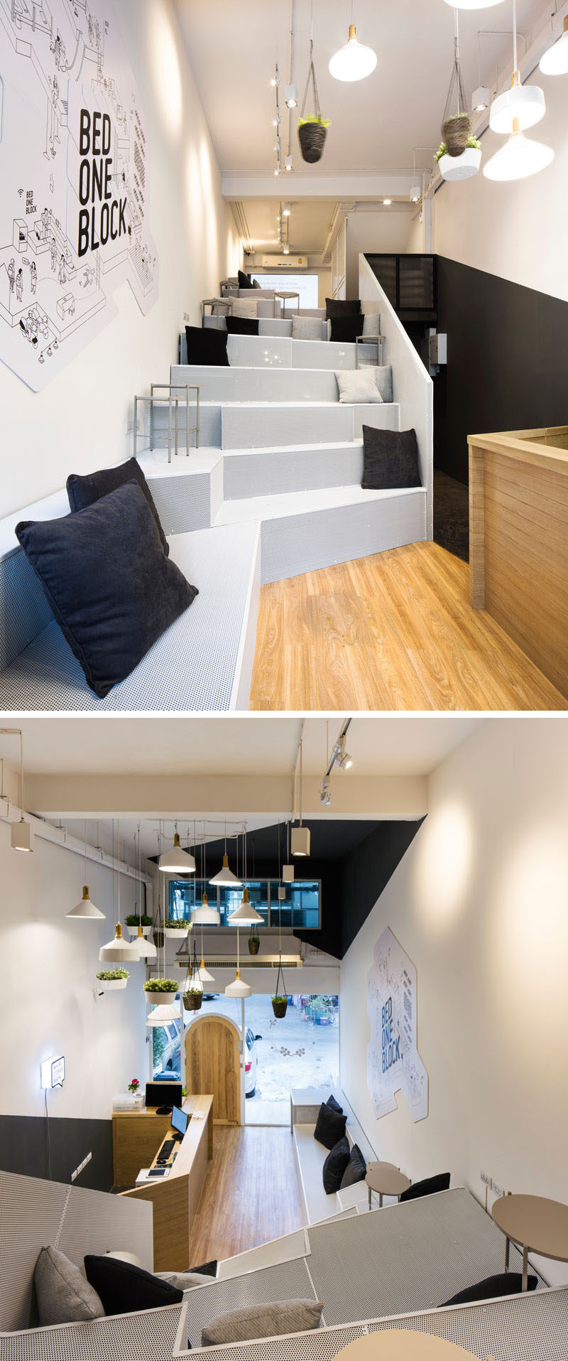 Inside is modern hostel in Bangkok, the reception desk is on the right, while bright white steps create a common area for people to meet up, work or relax.
