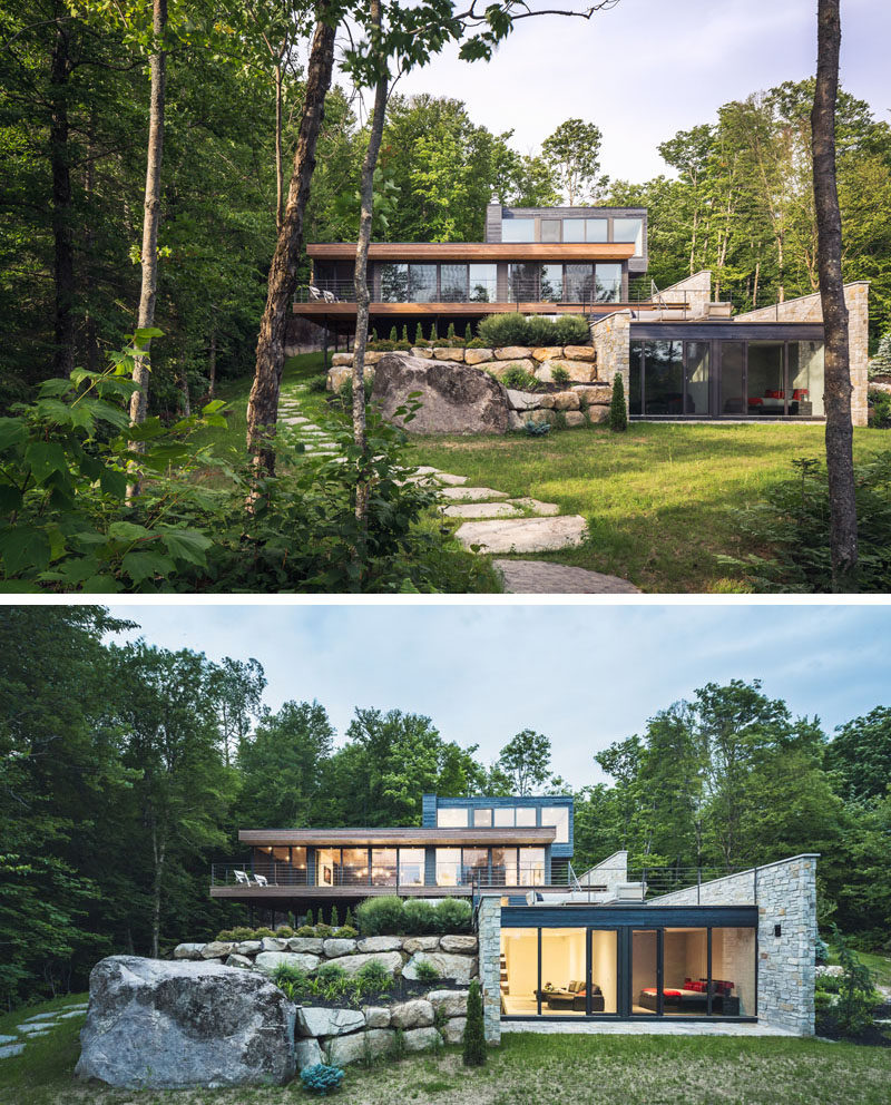 Wood And Stone Cover The Exterior Of This Multi-Level Modern House In The Forest
