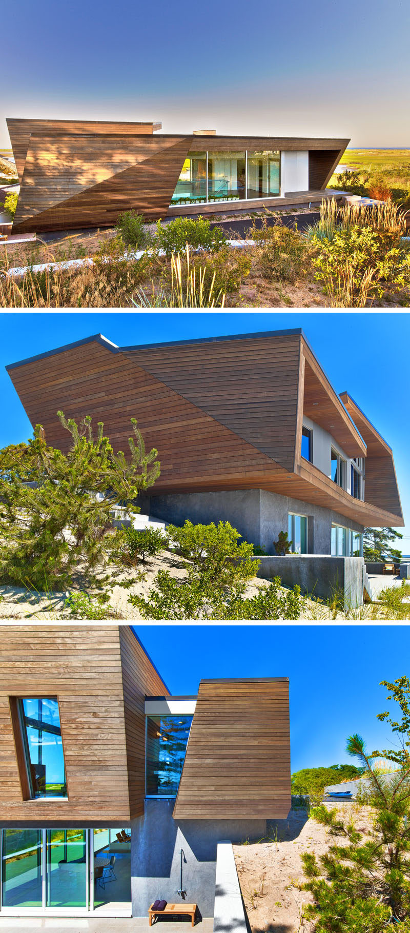 This two-storey wood-clad beach house was designed to fit within the city's 23 ft. height limit for residential houses, and by doing so, the home snugly fits into the sloped site.