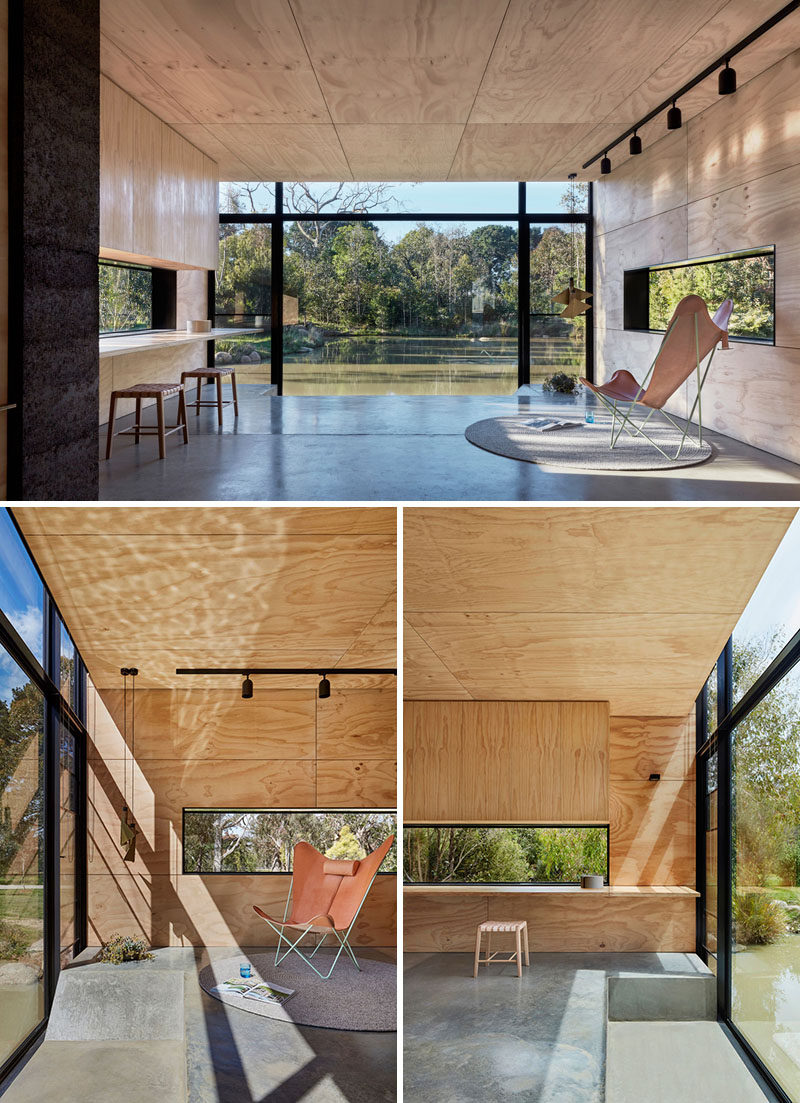 In this backyard studio, the interior has been covered in plywood and a large window gives you a perfect view of the pond. In front of the window, there's a sunken day bed allowing you to almost sit at eye level to watch the ducks. A group of plywood boxes have been designed to 'infill' the sunken section and provide a consistent floor level when the space is being used for gatherings and parties.