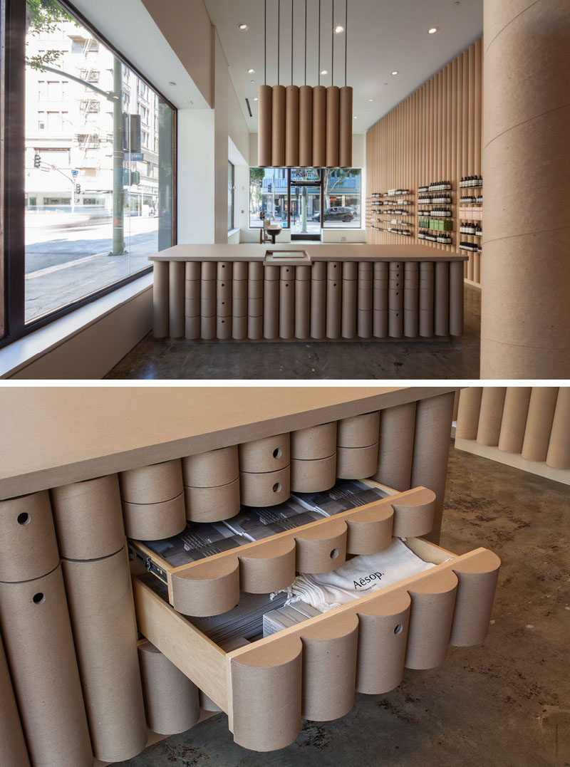 Modern store interior design ideas - Brooks + Scarpa designed this Aesop retail store in downtown LA that features 6 inch cardboard tube walls, furniture and fixtures.