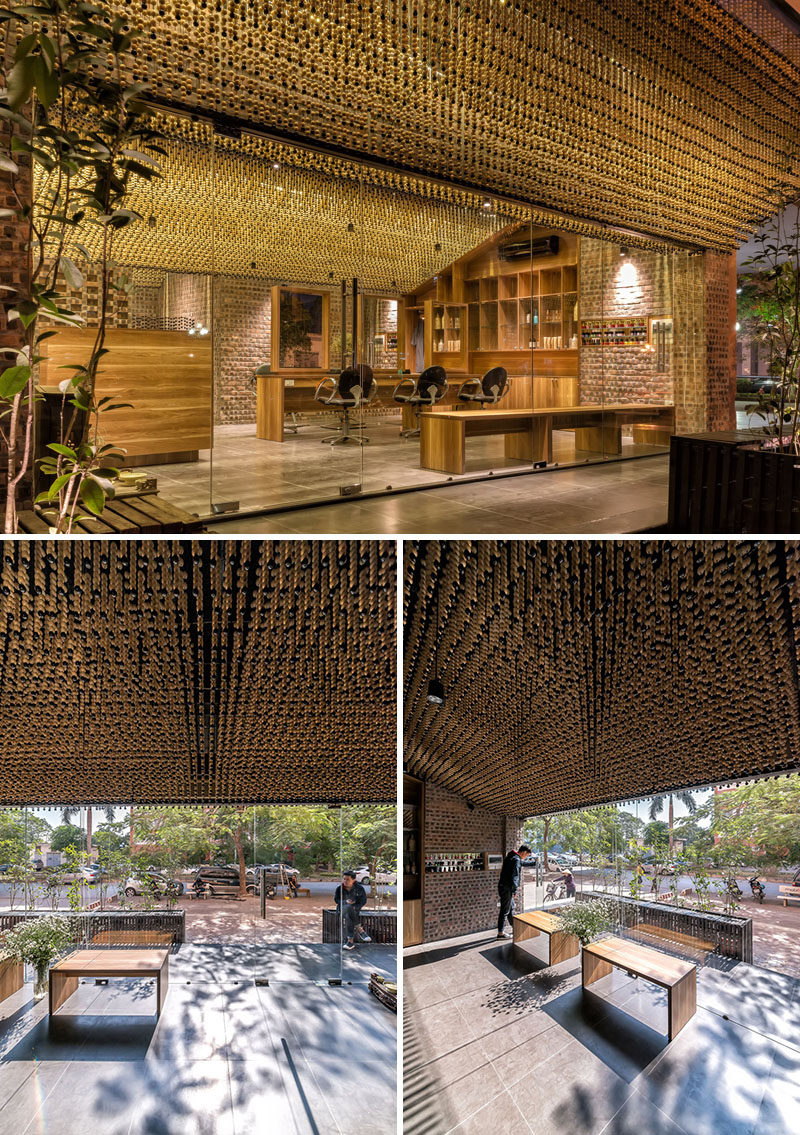 Ceiling Design Ideas - 200,000 Wood Beads Cover The Ceiling In This Hair Salon