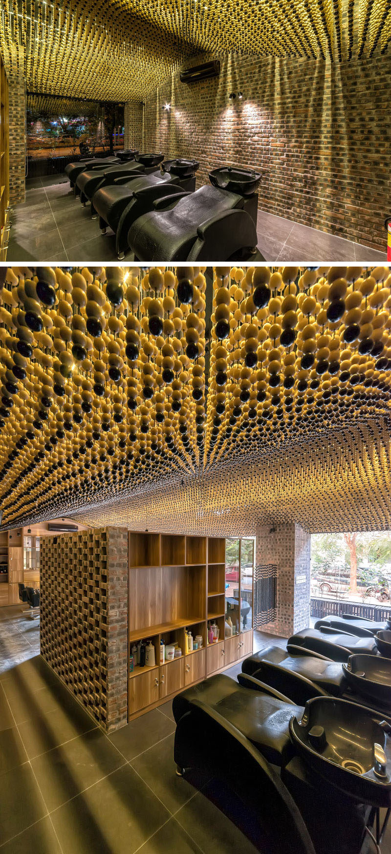 Ceiling Design Ideas - 200,000 Wood Beads Cover The Ceiling In This Hair Salon