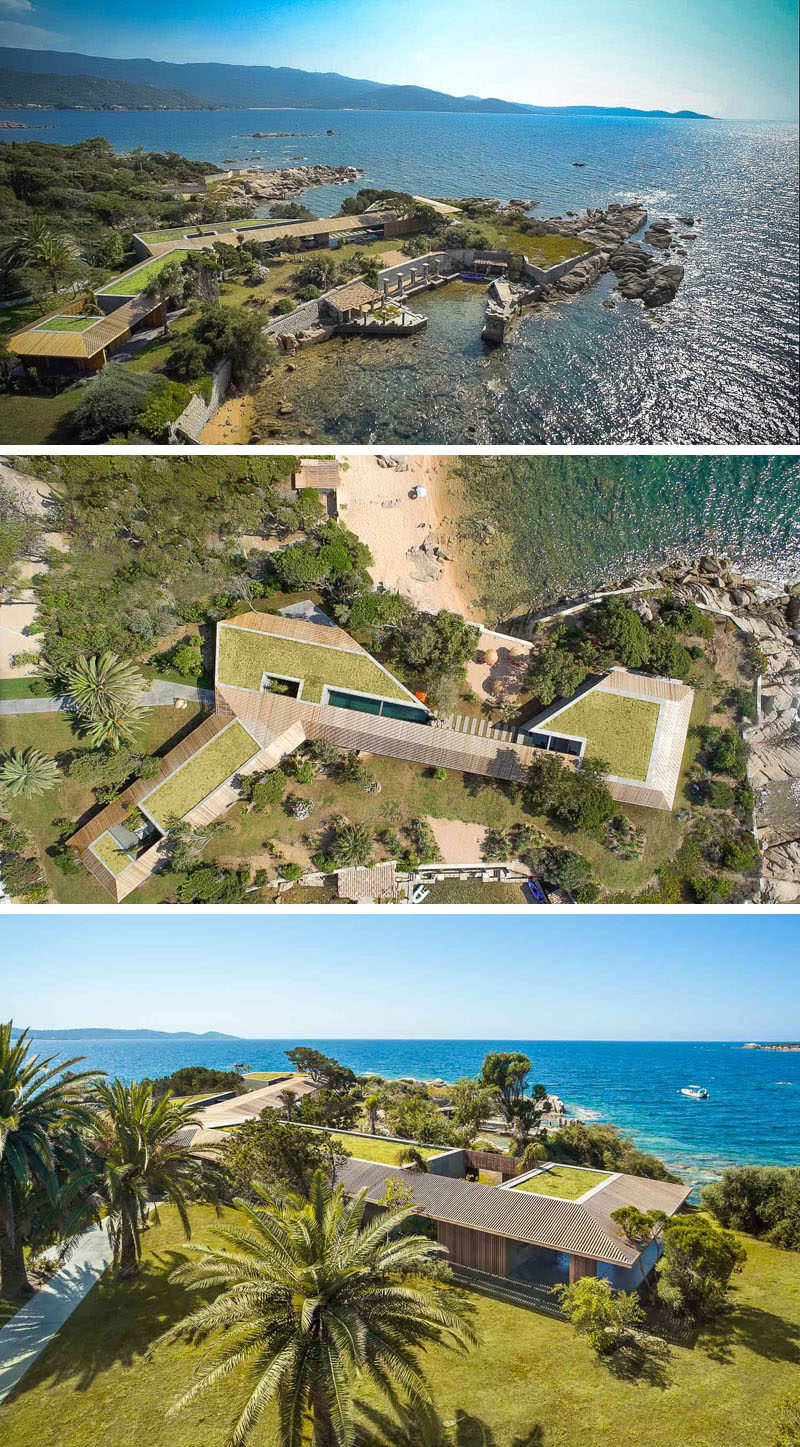 This villa sits on a peninsula surrounded by a beach on one side, and a small harbor area on the other.
