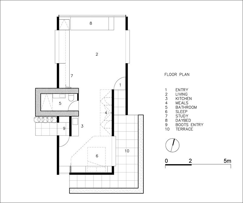 This is the floor plan of a backyard retreat that can be used as a home office, yoga studio or entertaining space.