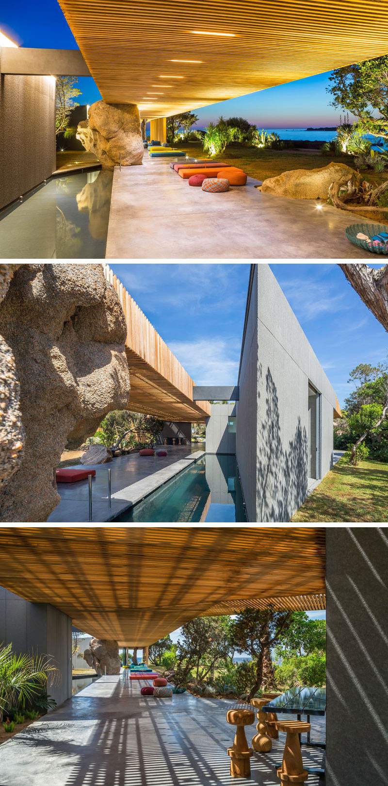 This modern villa has pergola with a long pool that runs alongside it, and a large rock formation has been left in place, and everything has been built around it.