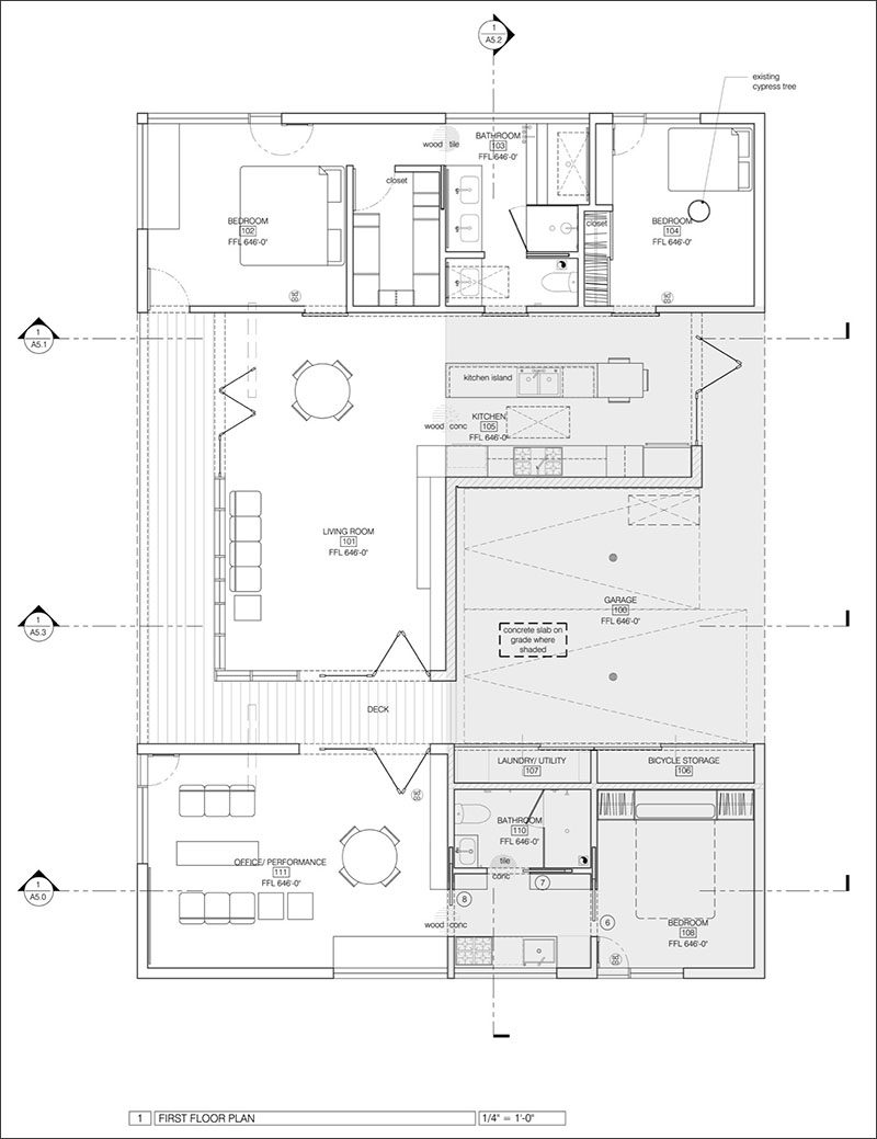 This contemporary house floor plan shows that there are two separate units divided by a breezeway.