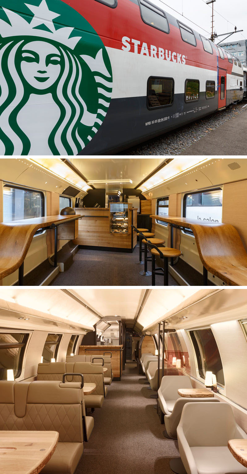 11 Starbucks Coffee Shops From Around The World // The luxury of train travel gets even more luxurious with the addition of a double-decker Starbucks car, that features a walk up bar complete with a small food display as well as an upstairs in which train riders can order their food and coffee from the comfort of their padded leather seats.
