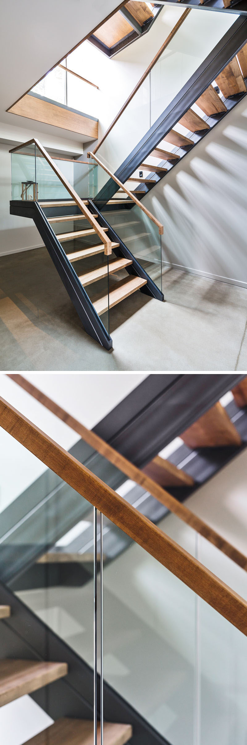 These stairs in a Canadian home use wood, steel and glass to create a contemporary look.