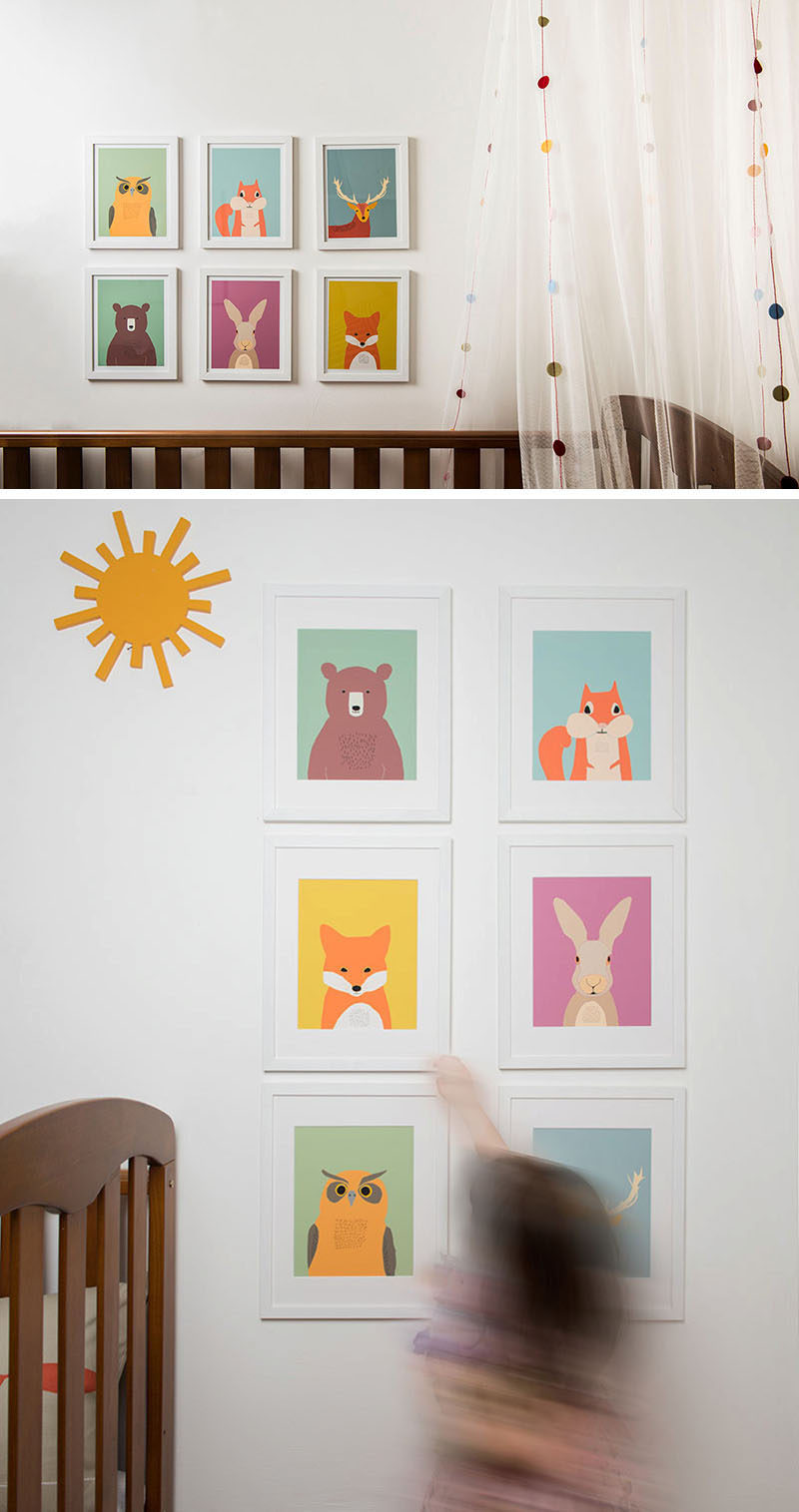 15 Decor Ideas For Creating A Woodland Nursery Design // Include your favorite woodland creatures in the nursery with cartoon prints on colorful backgrounds that are in keeping with the other colors in the room.