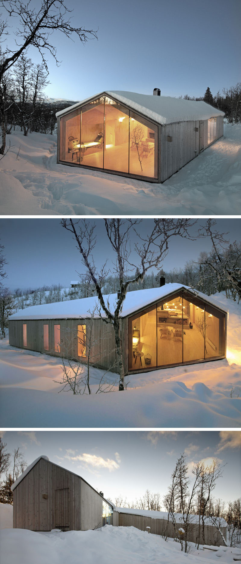19 Examples Of Modern Scandinavian House Designs | Light wood siding and large floor to ceiling windows keep both the exterior and interior of this holiday home bright and welcoming while also allowing it to blend into the natural surroundings.
