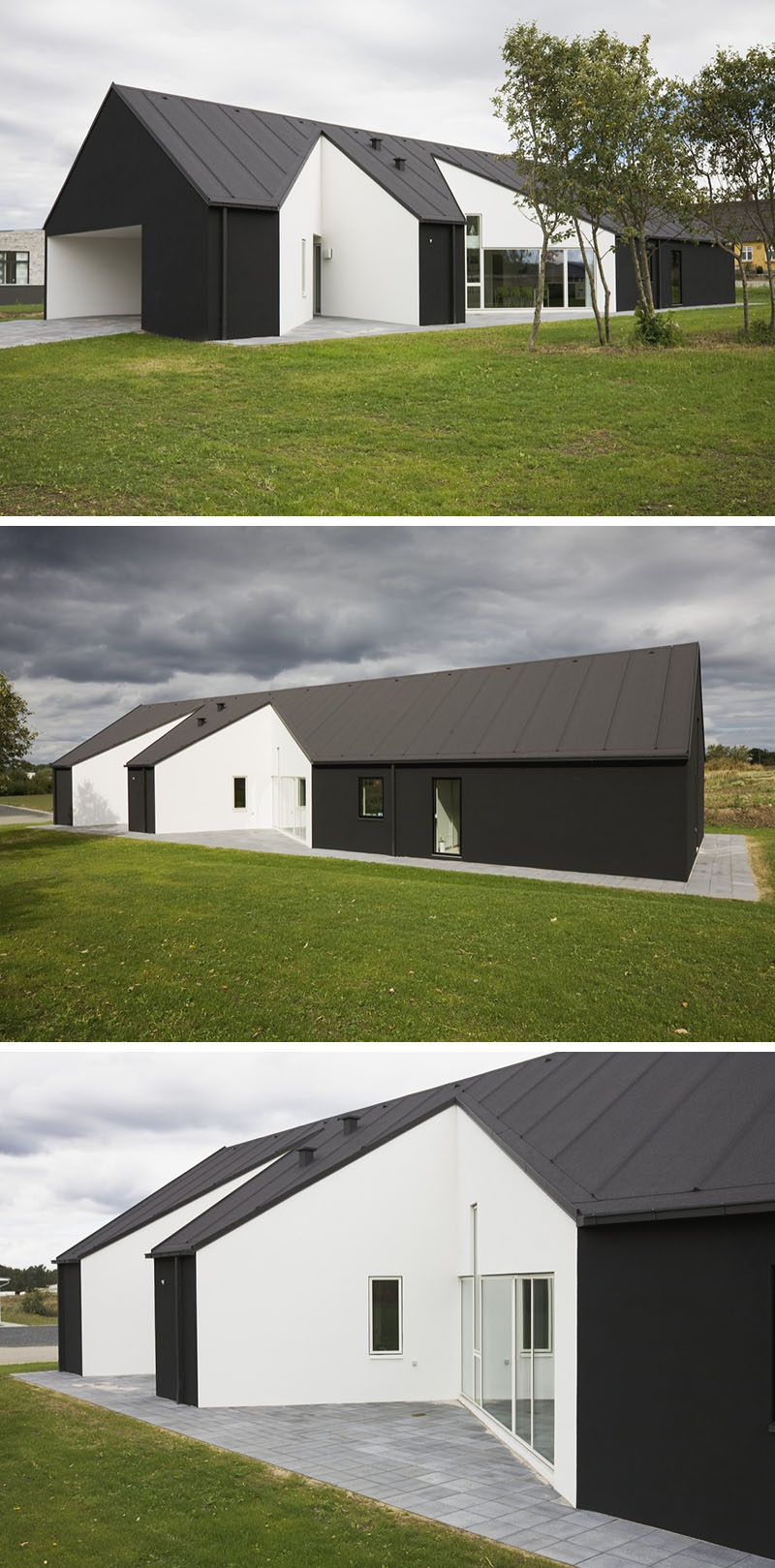 19 Examples Of Modern Scandinavian House Designs | This black house has white cut outs on its exterior to create a unique exterior design and make for a more dynamic interior layout.